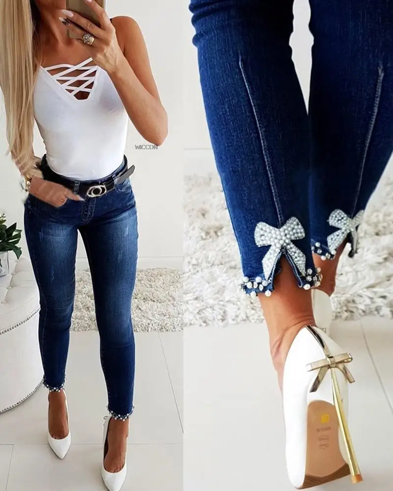 Slim trousers bowknot bubble beads and bow stretch high waist slim fit women's jeans commuter leisure blue jeans