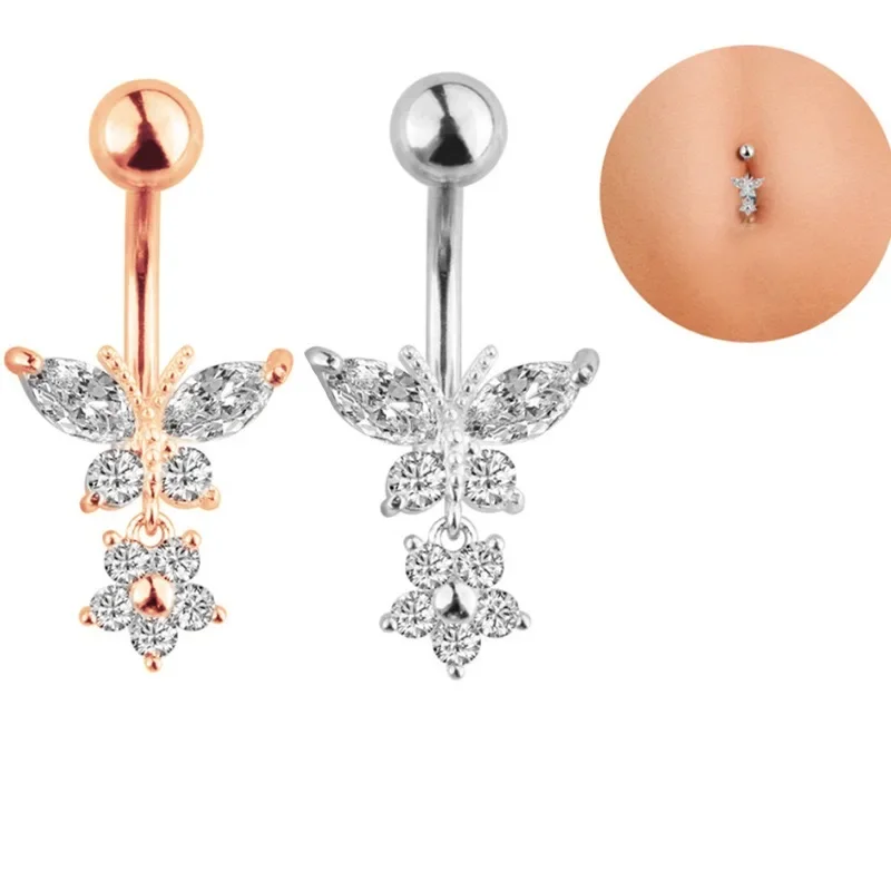 Butterfly Zircon Navel Belly Piercing Rings Fashion High Quality Surgical Steel Dangle Button Body Piercing Jewelry Accessory