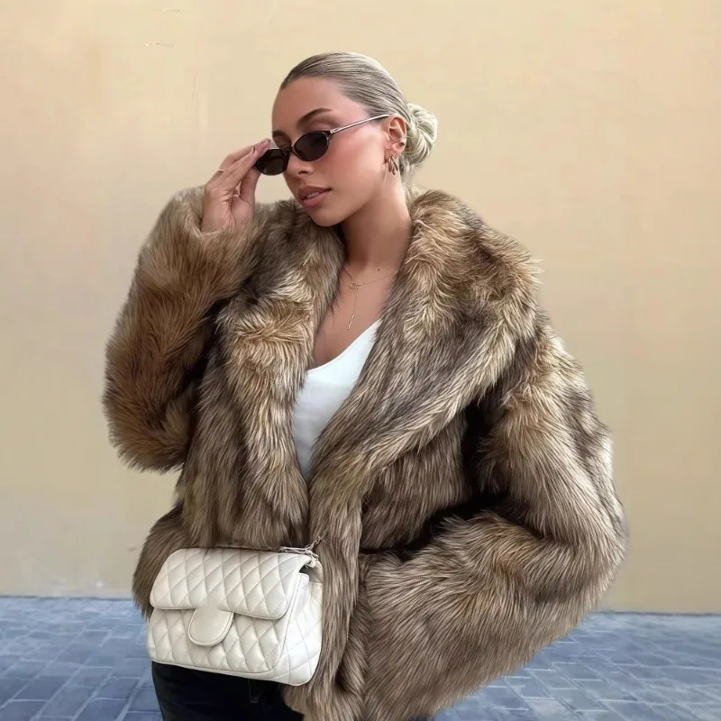Winter Women Faux Fur Jackets Fluffy Soft Lapel Fur Coat Vintage Harajuku Loose Luxury Brand Streetwear Trends Long Sleeve Tops