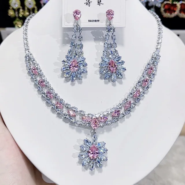 Women's Fashion Luxury Zirconia Crystal Pink Necklace Earrings Set Bracelet Jewelry Set Bridal Wedding Banquet Party Holiday 1