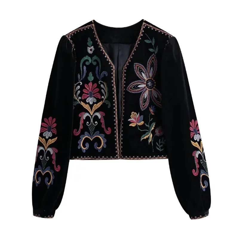 

TEELYNN Women's Retro Floral Heavy Ethnic Embroidery Velvet Short Cardigan Jacket Vintage V Neck Autumn and Winter Boho Coats