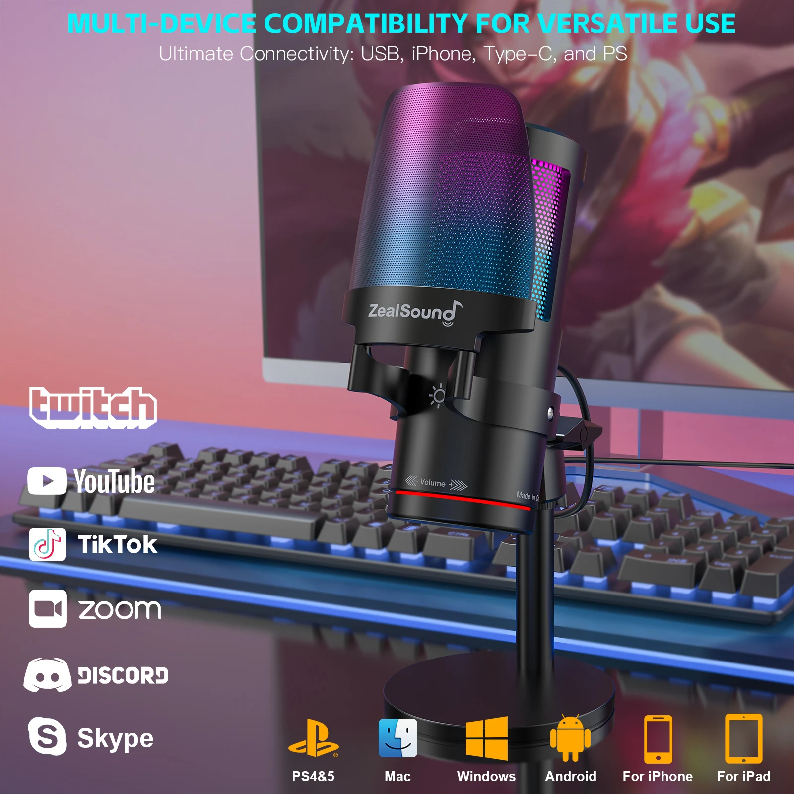 ZealSound KM8S USB Gaming Microphone, Plug & Play for Streaming Podcast Recording, CompatiblePS4/5 PC 안드로이드 iPhone