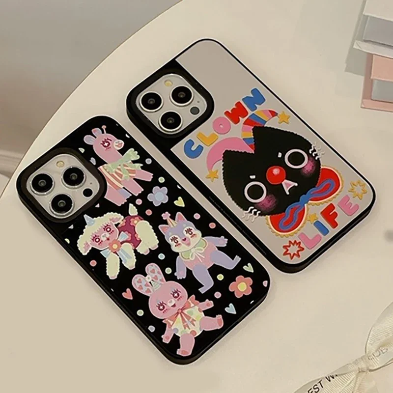 

Cartoon Rabbit Cat Black Border Mirror Surface MagSafe Phone Case Cover for iPhone 11 12 13 14 15 Pro Max Case