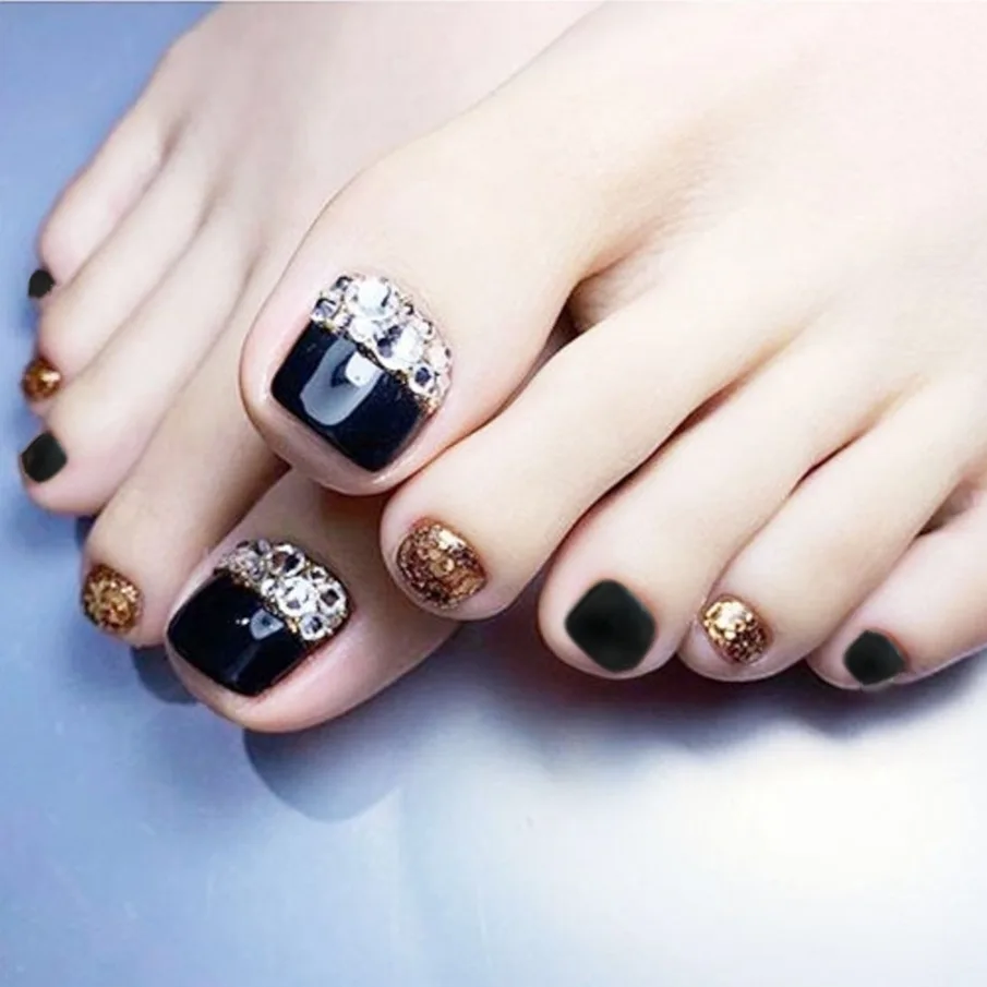 24Pcs/Box Fake Toenails With Glue Glamour Black Full Diamond Glitter Design  Square Short Manicure False Press On Toe Nail Tips| | - AliExpress