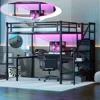Full Size Gaming Loft Bed with L-Shaped Desk, LED and Charging Station,Wardrobe and Adjustable Shelf for Kids Teens Adults,Black 1