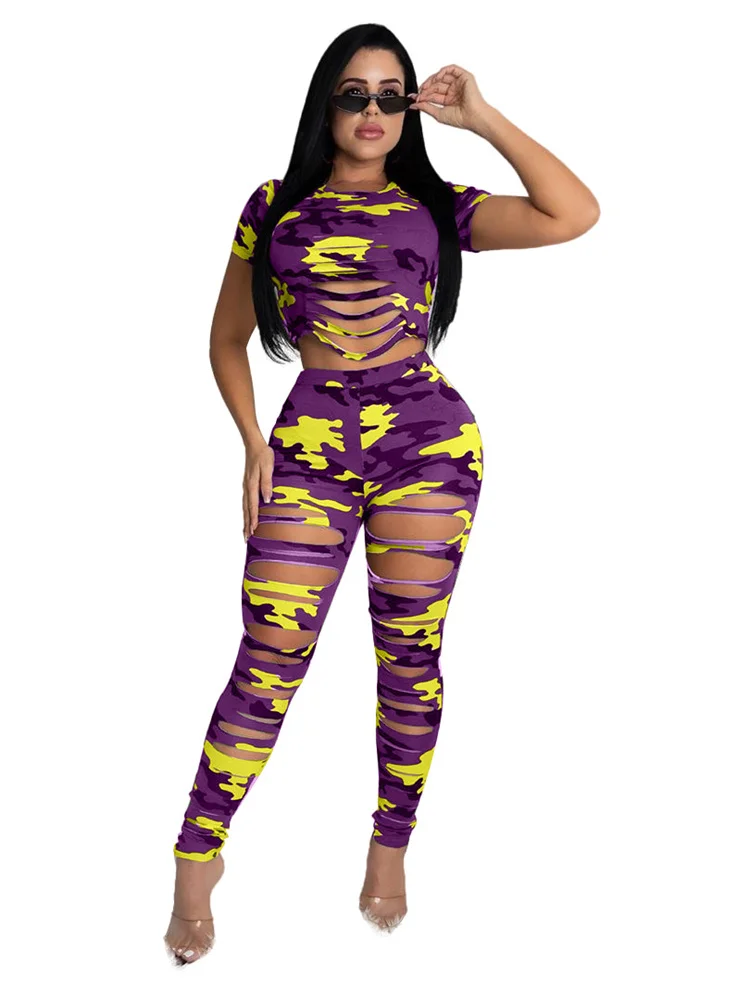 Wmstar Women Two Piece Set Summer Sexy Sport Fashion Casual Ripped Sweatshirt Sweat Camouflage Print Pant Sets Outfit Tracksuit