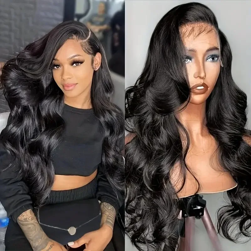 Frontal Lace Human Hair African Wavy Wig Long Wavy Black Wigs Lace Wig Women's Set with Lace Headpiece medium long hair with large waves wigs lace frontal wig soft human hair wig for women synthetic lace wigs