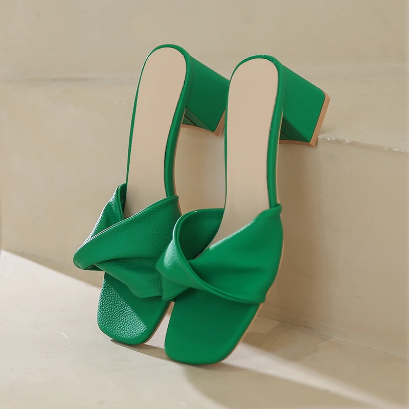 Pleated Heel Slippers For Women 2022 Trend Summer Outdoor Square Toe Women Sandals Green Orange