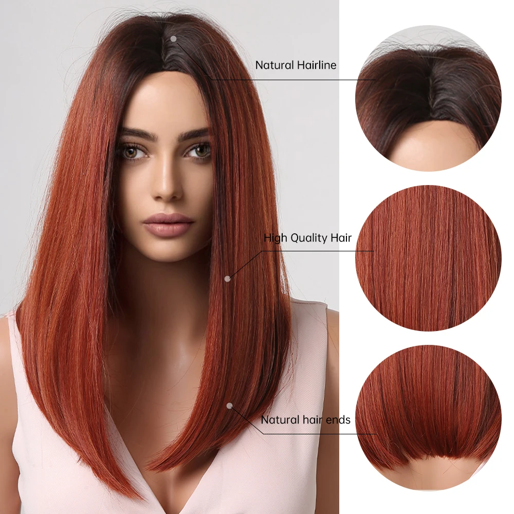 HAIRCUBE Medium Length Red Straight Synthetic Wigs For Afro Women Natural Shoulder Length Wigs Middle Part Hair Daily Fiber Wigs