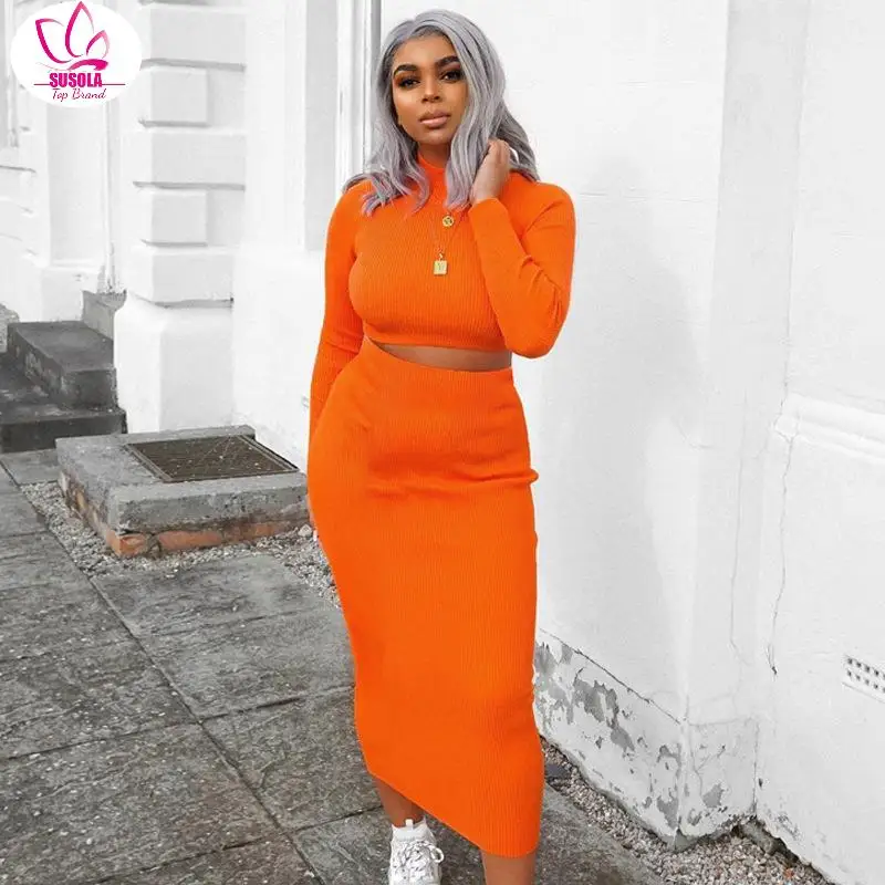 

SUSOLA Solid Trend Women Two Piece Sets Lady Spring Autumn Ribbed Long Sleeve Outfits Casual Slim Crop Top And Skirt Set
