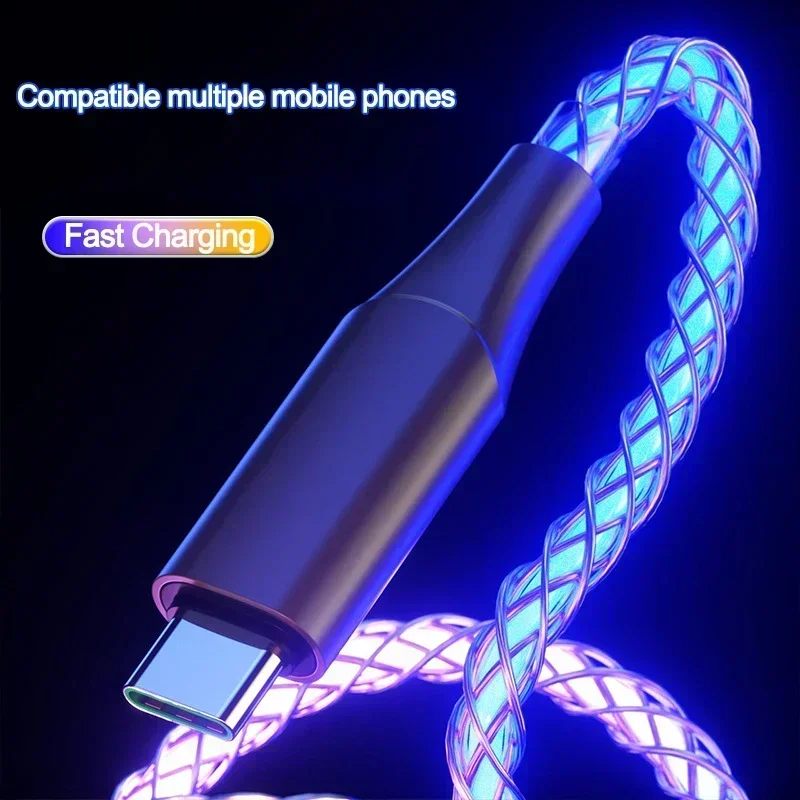 3 in 1 Fast Charging Cable 66W USB Cable Type C Colorful Streamer Glowing Line Phone Accessories for IPhone Xiaomi Huawei
