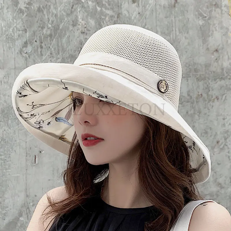 

Summer Big Wide Brim Flower Sun Hat for Women Mesh UV Protection Beach Hat Female Net Foldable Sun Hats Lady's Bucket Hat