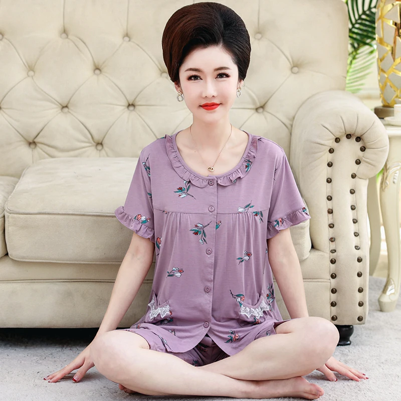 

Summer Round Neck Cardigan Pyjamas For MIddle Age Female Pajamas Short-Sleeve Calf-Length Pants Sleepwear Floral Home Service