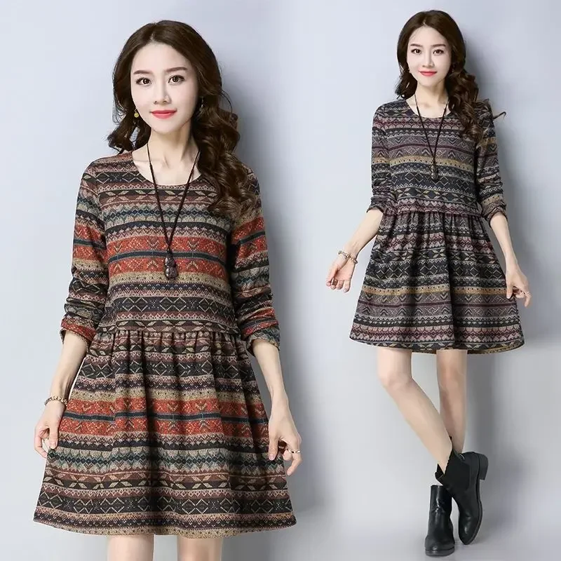 

Винтажное платье-миди с длинным рукавом и цветочным принтом, свободное платье-трапеция, женское платье, женское платье