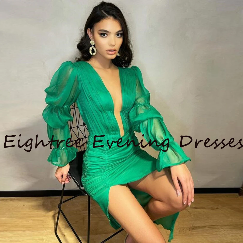 2022 Green Long Sleeves Mini Evening Dresses Deep V Neck Simple Vestidos de festa Formal Night Gowns Prom Party Dress evening gowns