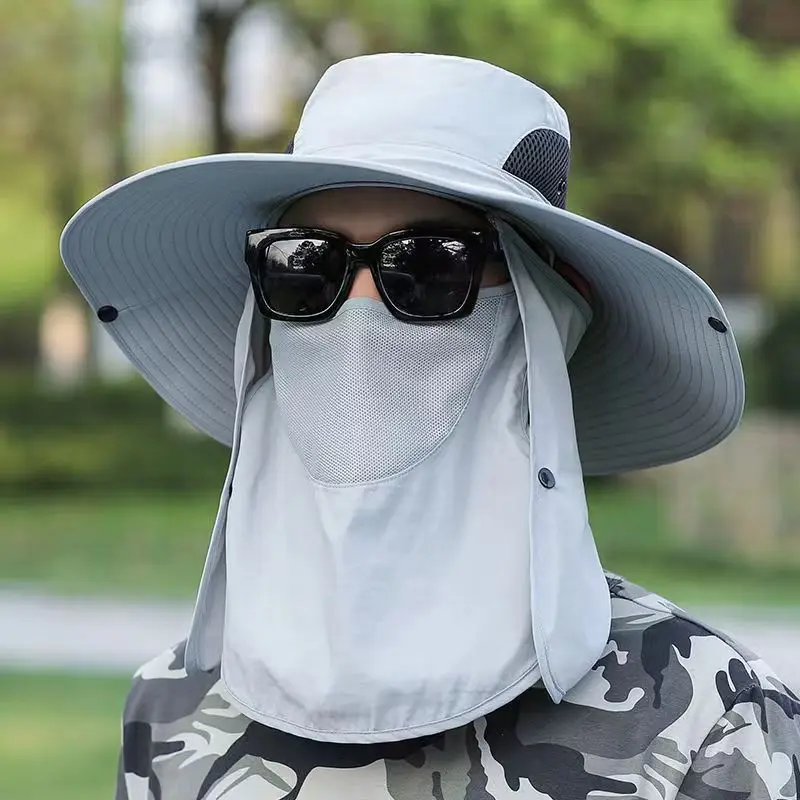 Summer Men Sun Hat Large Brim Hiking Mask Fishing Outdoor Protection  Detachable Bucket Sombrero Fedora Straw Beach