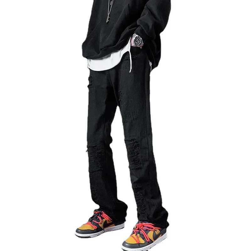 Fashion Stretch Patch Men's Jeans Y2K Patchwork Creative Tassels Decoration Straight Denim Trousers For Men Hip Hop Jean Pants
