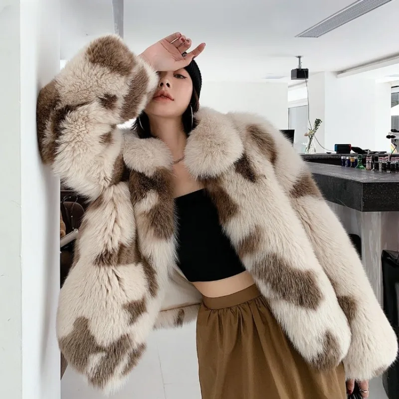 

2023 New Imitation Whole Leather Fox Fur Coat Women Short Print Fur Outwear Winter Thick Warm Casual Outcoat temperament jacket