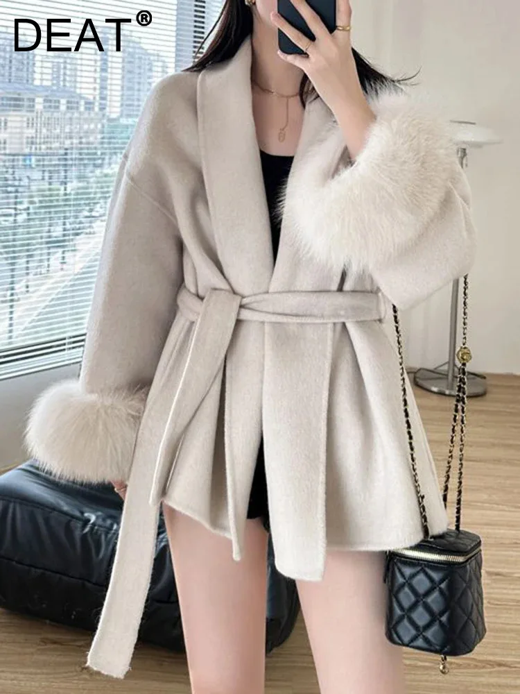 

DEAT Fashion Spliced Feather Cashmere Coat For Women Thicken Warm Solid Color Lapel Belt Jackets Female 2023 Autumn New 15KB5179