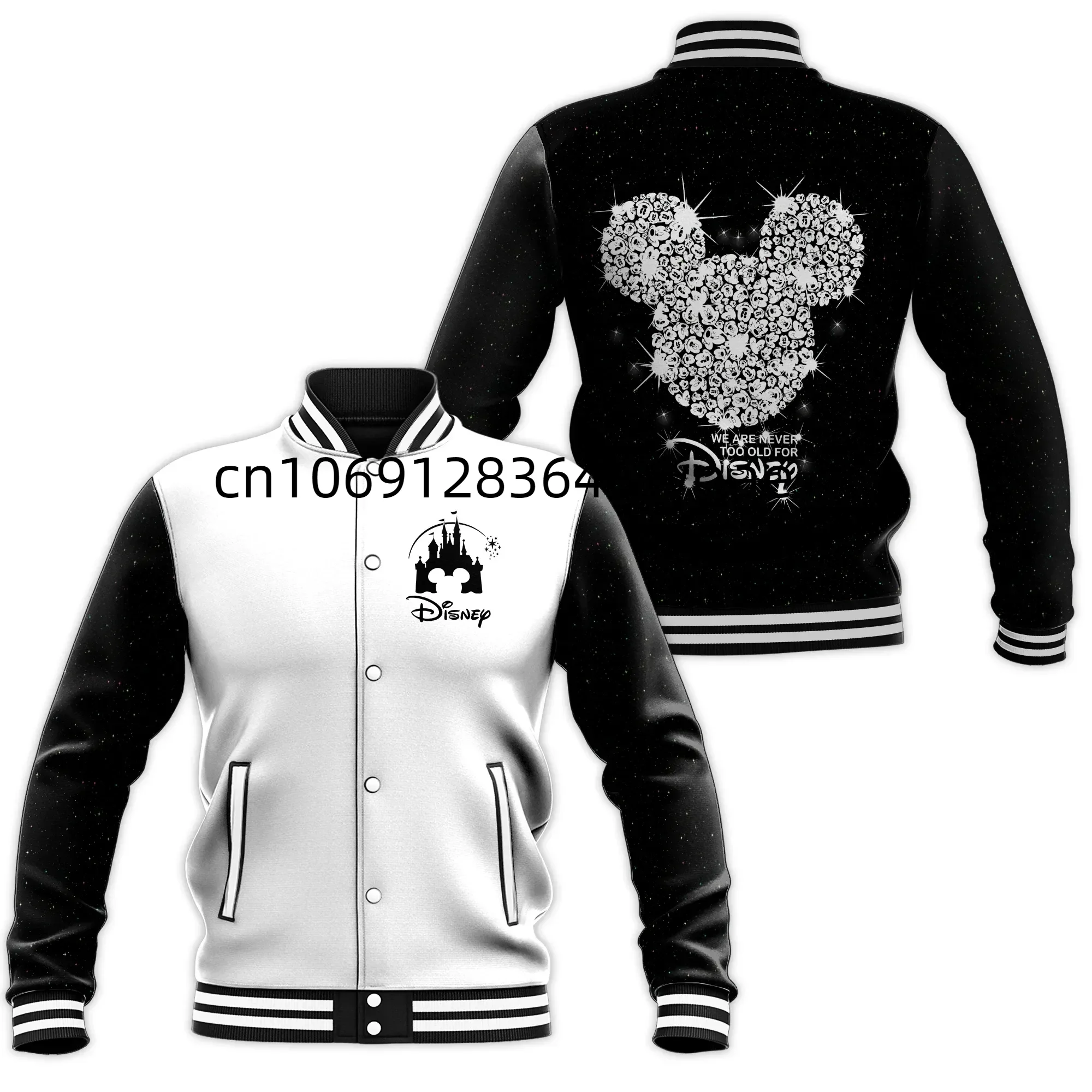 

Disney Mickey Mouse We Are Never Too Old Baseball Jacket Men Women Casual Hip Hop Harajuku Jacket Streetwear Loose Varsity Coat