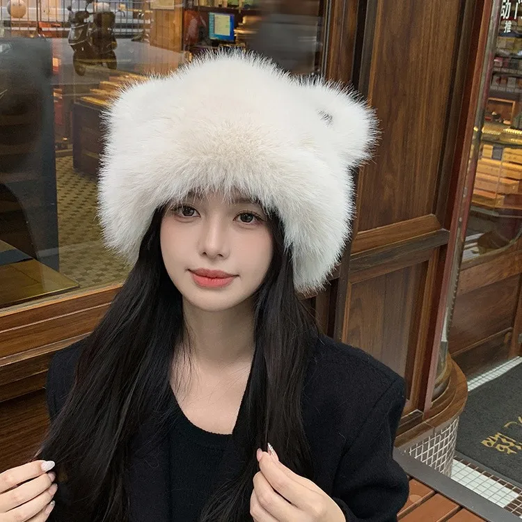 Women's Fashion Bear Ear Fur Cap Fur Hat Autumn and Winter Fur Hats Mongolian Hat Brimless Plush Fluffy Skiing Riding Warm Caps