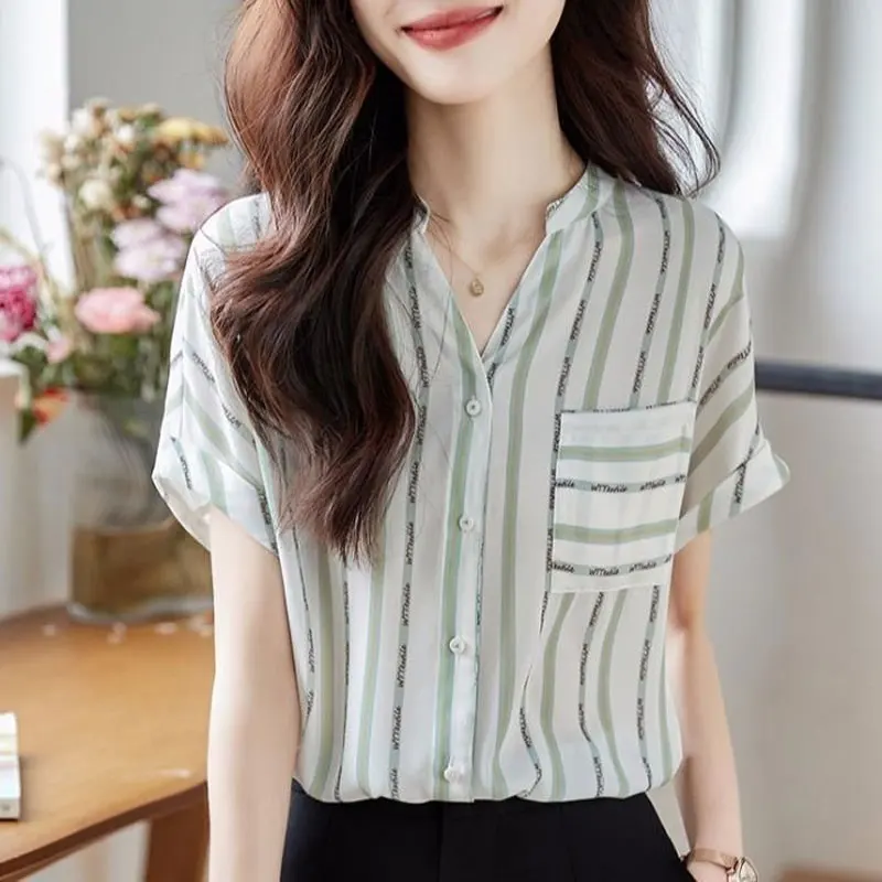 Office Lady Striped Pockets Patchwork Shirt Summer Short Sleeve Elegant V-Neck Single-breasted Female Clothing Chiffon Blouse women blazer 2020 formal blazers lady office work suit pockets jackets coat slim black women blazer femme jackets fashion tide