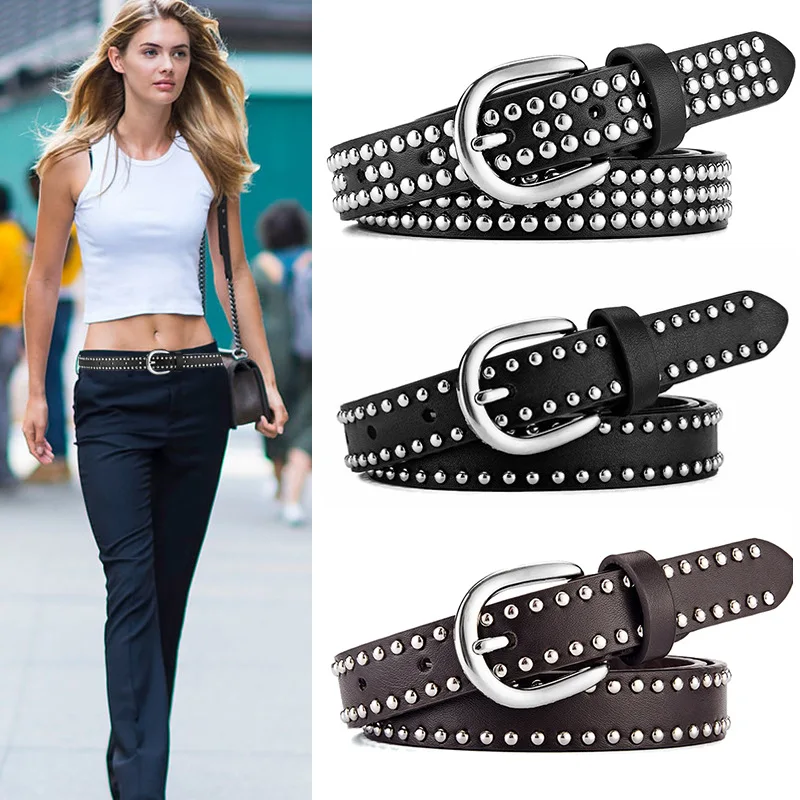 Punk Pu Metal Studded Belt For Women Gothic Y2k Waist Strap Designer Luxury Female Jeans Trouser Decorative Waistband