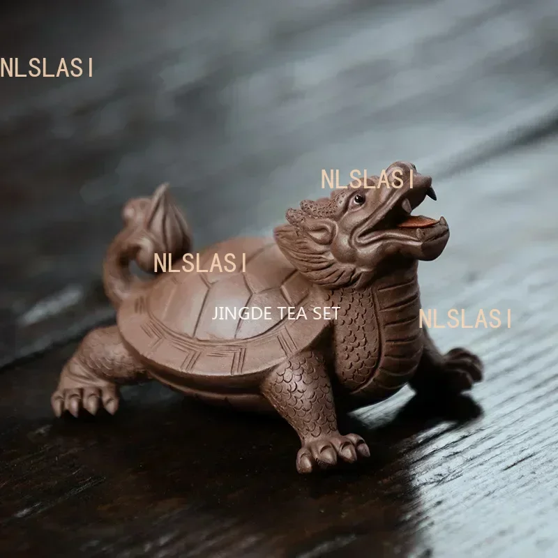 Yixing Purple Clay Art Tea Pet Lucky Dragon Turtle Statue Ornaments Animal Tea Figurine Sculpture Crafts Home Tea Set Decors