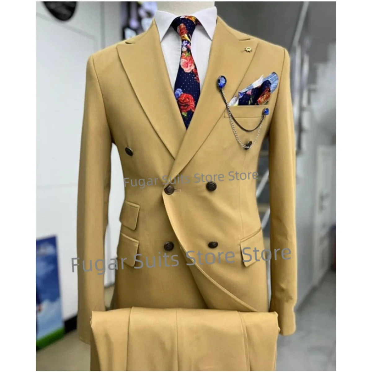 High-end Luxuly BlueWedding Suits For Men Slim Fit Peak Lapel Groom Formal Tuxedos2Pieces Set Classic Male Blazer Costume Homme