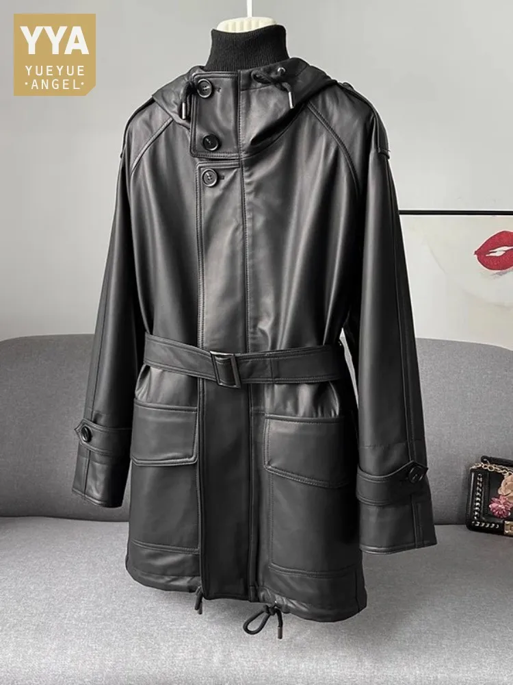 

Women Genuine Leather Long Jacket Autumn Zip Stand Collar Hooded Overcoat High Quality Casual Windbreakers Real Sheepskin Coat