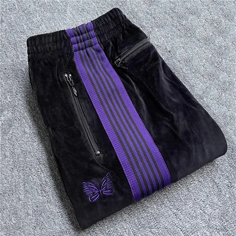 Butterfly embroidery velvet track sweatpants men women oversized striped pants casual sports pants