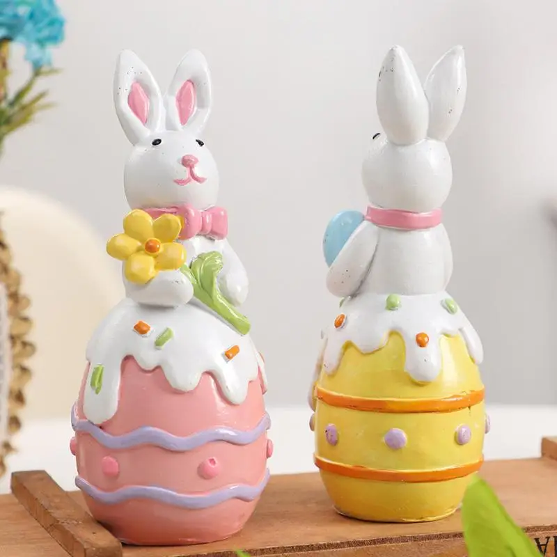 Bunny Egg Ornaments Resin Easter Desktop Decoration Holiday Collectible Figurines Colorful Bunny with Egg Statue Easter Gifts