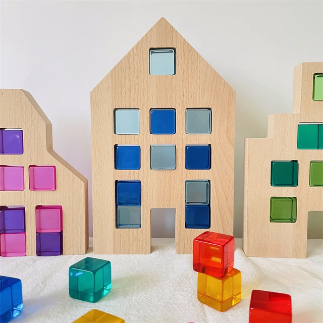 Dutch Wood Houses Lucite Cubes Blocks Rainbow Acrylic Building Blocks Color Street Open-ended Play Montessori Educational Toys 3