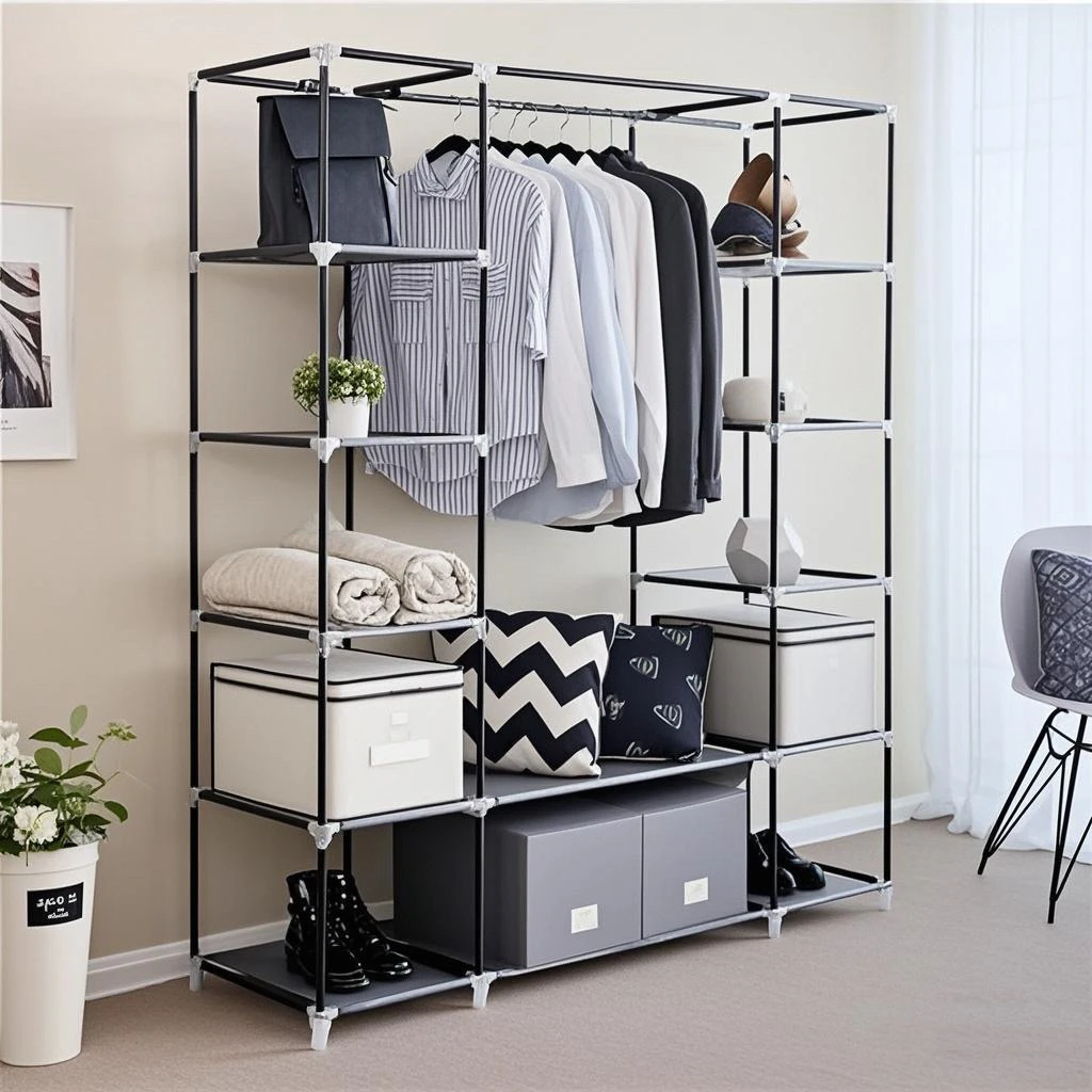 Closet Wardrobe Portable Closet for Bedroom Clothes Rail with Non-Woven Fabric Cover Clothes Storage Organizer  12 Compartments 2