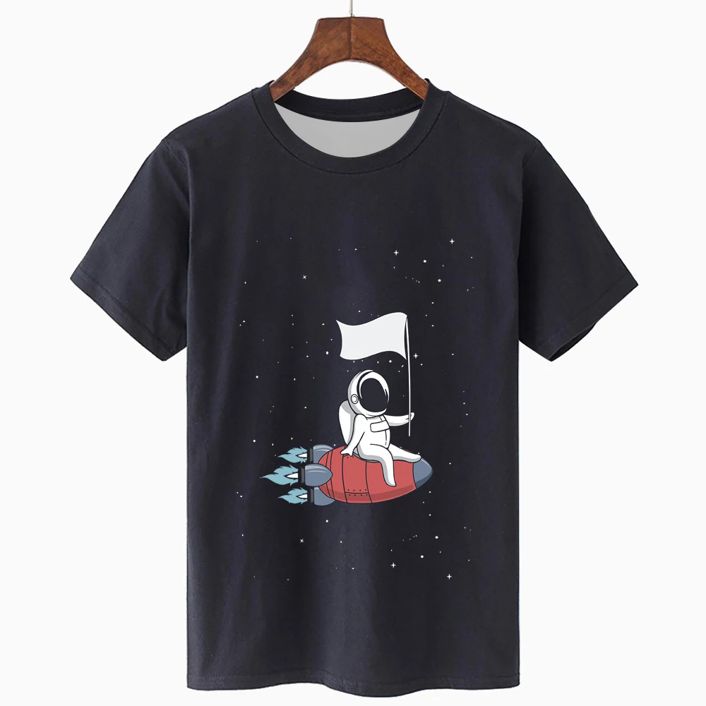 

Pure CottonMen's Black T-Shirt Oversize O-Neck Cute Astronaut Quick Drying Breathable Sports T-Shirt Summer Casual T-Shirt