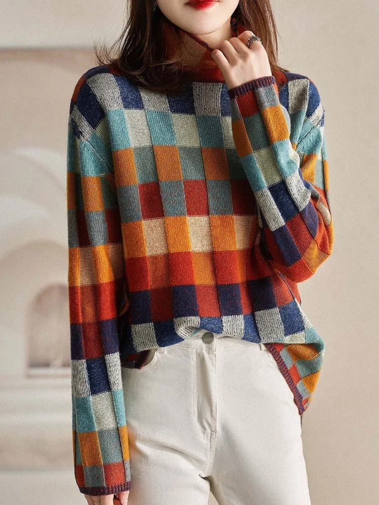 

Winter Sweater Women Geometry Y2k Knitted Turtleneck Jumper All Match Long Sleeve Pullover Female Pulls Korean Fashion