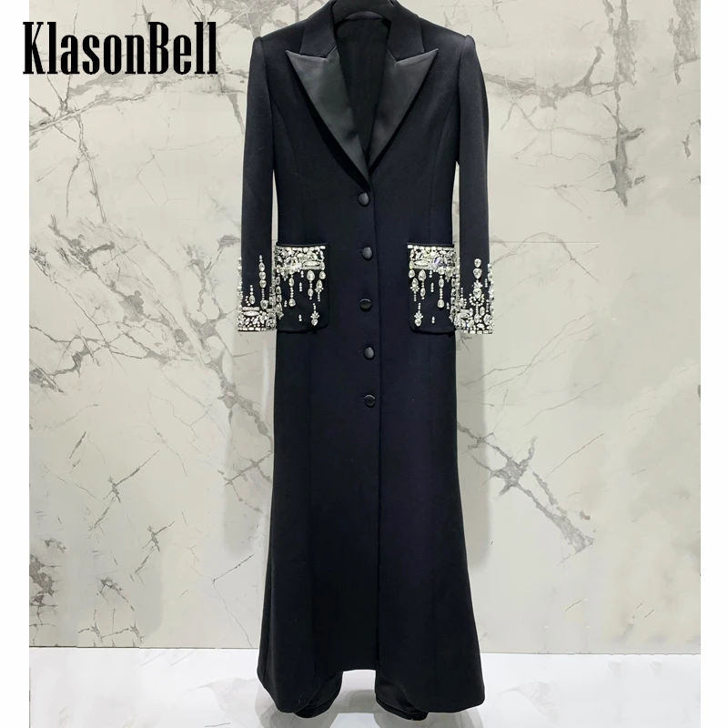 3.14 KlasonBell Luxury Diamonds Bead Wool Blend Maxi Evening Dress Women Elegant Temperament Collect Waist Blazer Banque Dress