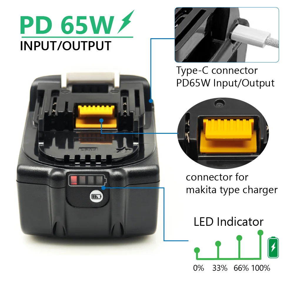 TPCELL PD65W 4/5/6AH For Makita 18V Battery with Type-C Input/Output Power Tools Li-ion Replacement LXT BL1850 BL1840