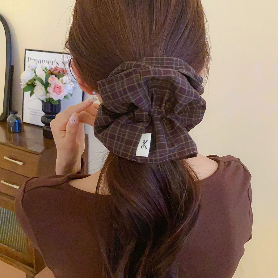Maillard Retro Große Stoff Plaid Haargummis für Frauen Mädchen Quadrat Runde Plissee Pferdeschwanz Halter Elastische Haar Seil Zubehör M – Detail 8