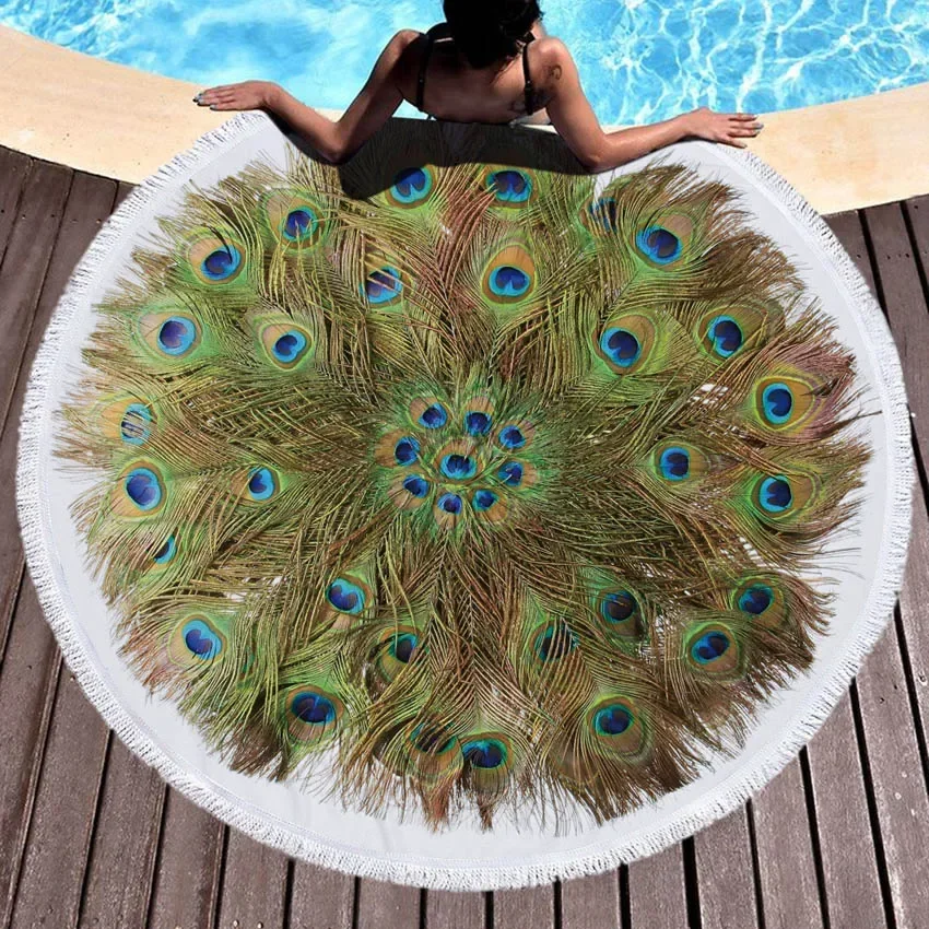 

Round Beach Towel With Tassels Peacock Feather Microfiber Bath Shower Towel For Adults Picnic Yoga Mat Blanket Cover Up 150cm