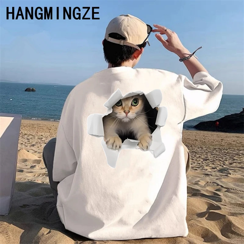 

Curious Cat Print Short Sleeve T-Shirt Men Trend Casual Top Summer Loose O-Neck T-shirt 260GSM Cotton Fashion Oversized Tees Men