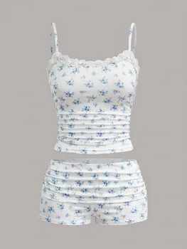 European and American spring and summer flower print lace neckline casual pants set 1