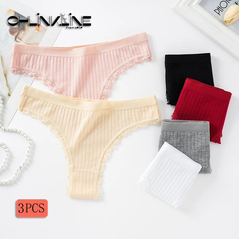 

Thongs Women 3PCS Solid Color Girl's Low Waist Ladies Sexy Lingerie Lace Trimmed Underwear Set Female Cotton Panties