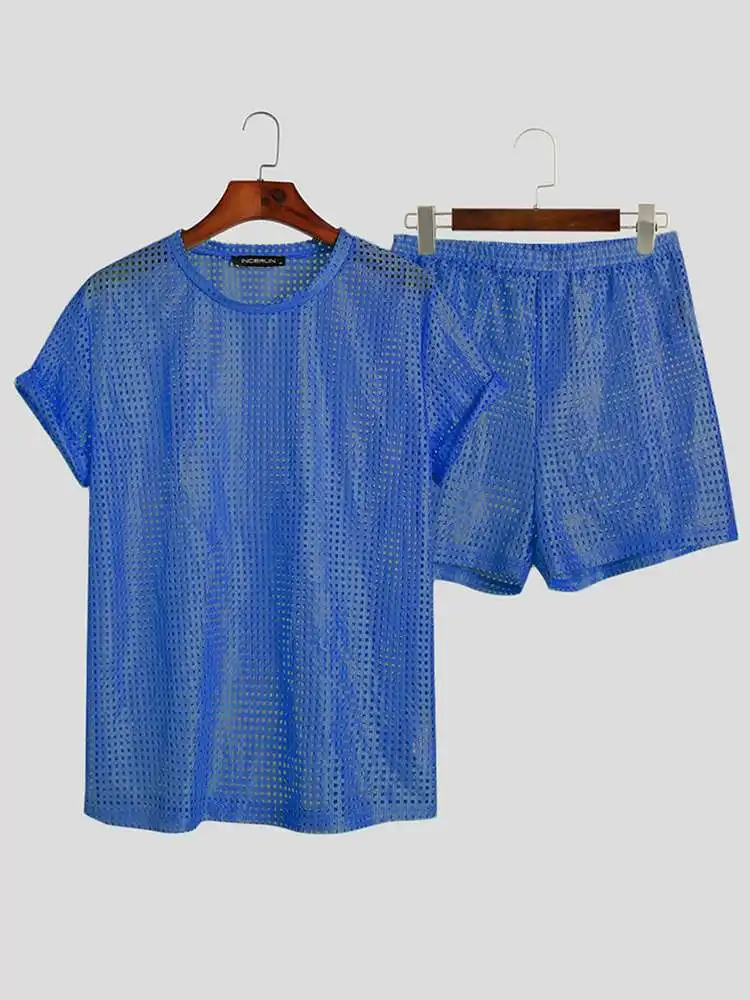 Tanio INCERUN męskie zestawy siatkowe przepuszczalne jednokolorowe Streetwear koszulka z