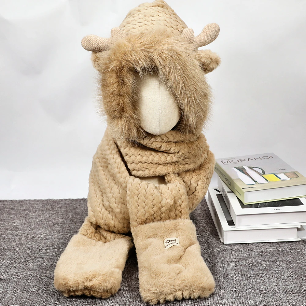 1Pc Cute Bear Ear Hat Scarf Gloves 3-in-1 Winter Warm Hedging Cap Women Windproof Plush Hat Scarf 4