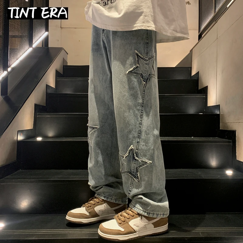 TINT ERA Star Embroidery Straight Casual Men Jeans Gothic New Wide Leg Loose Hip-hop Fashion Youth Streetwear Denim Trousers Y2K