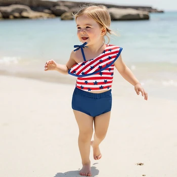 Girls Patriotic Star and Stripe Print Ruffled Tankini Set with Solid Shorts for 4th of July Celebrations - 2-Piece Swimwear 4