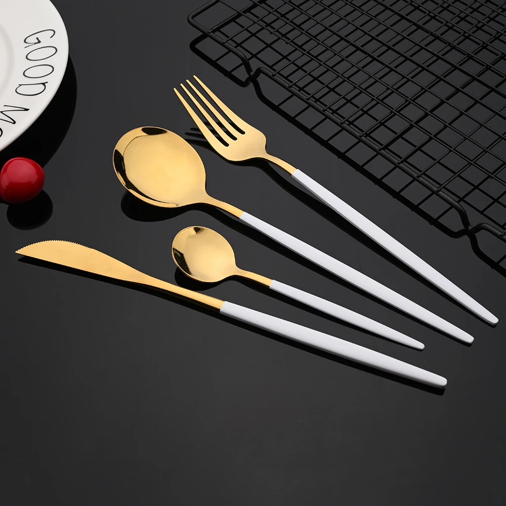 Dinnerware White Gold Stainless Steel Cutlery Set Tableware Kitchen Dinner Silverware Knife Dessert Fork Ice Spoon Flatware Set