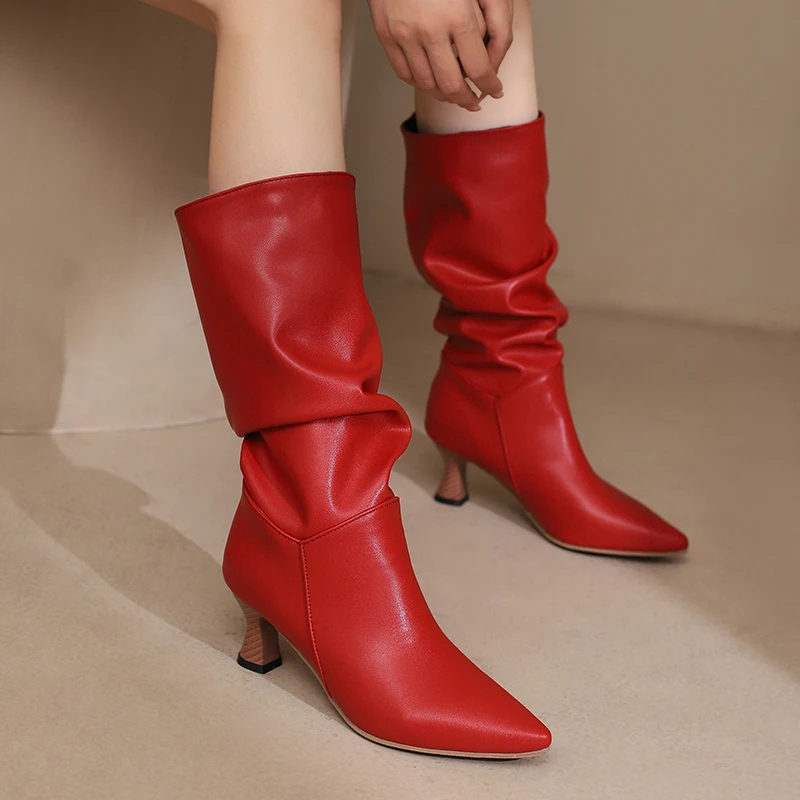 

Plus Size Leopard Print Cloth Pointed Wood Grain Irregular Heel Women's Mid Length Boots Pleated Slip-On Fashion Boots