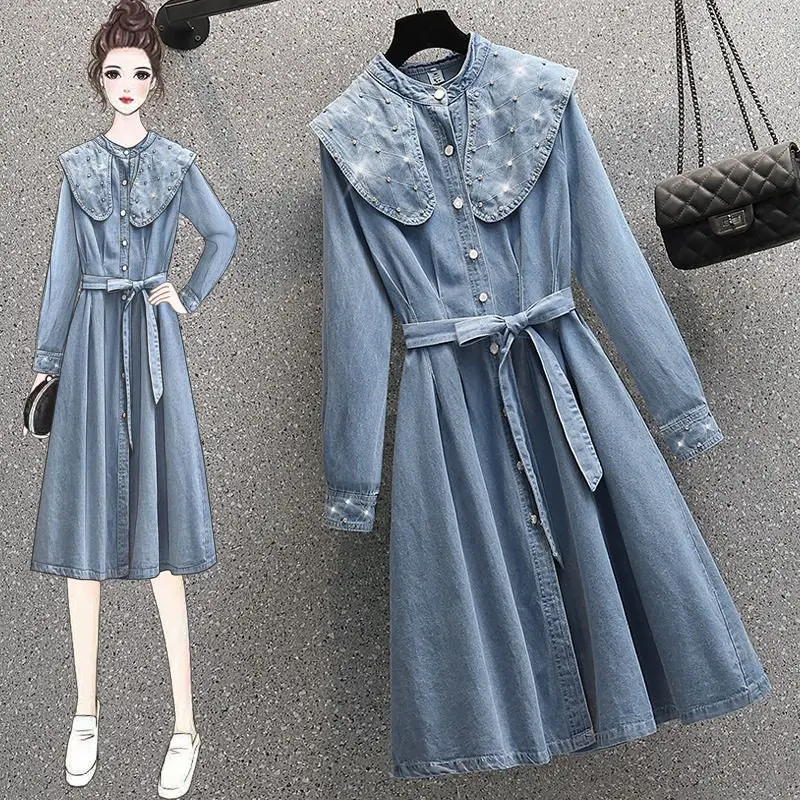 

Oversized Women's Clothing Spring 2023 New Design Diamond Doll Neck Sashes Denim Dress Korean Fashion Breasted Jean Dress Z030